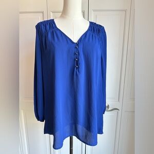 Women’s blouse, size large, cobalt blue, ruched shoulder + back, 3/4 sleeve
